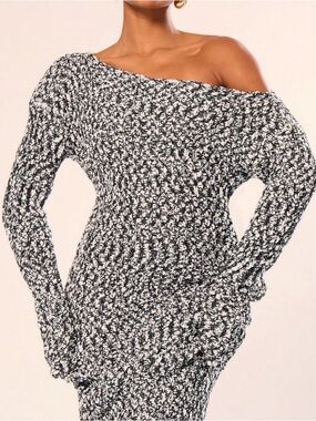 Off-Shoulder Black & White Knit Maxi Skirt